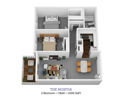 2 bed 1 bath floor plan at Bloomfield Apartments, Dayton
